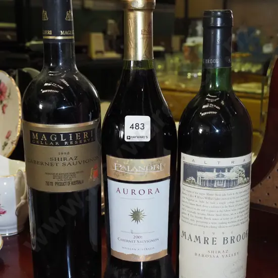 3 bottles of wine - Maglieri shiraz cabernet sauvignon 1998, Palandri Aurora cabernet sauvignon 2001, Mamre Brook shiraz