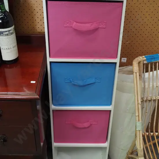mdf melteca shelves with 2 pink and 1 blue fabric baskets