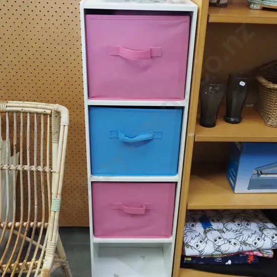 mdf melteca shelves with 2 pink and 1 blue fabric baskets