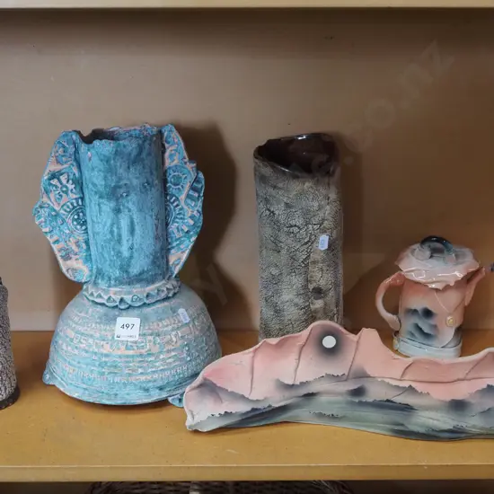 studio pottery items, 3x vases, ornamental tea pot, sculptural piece