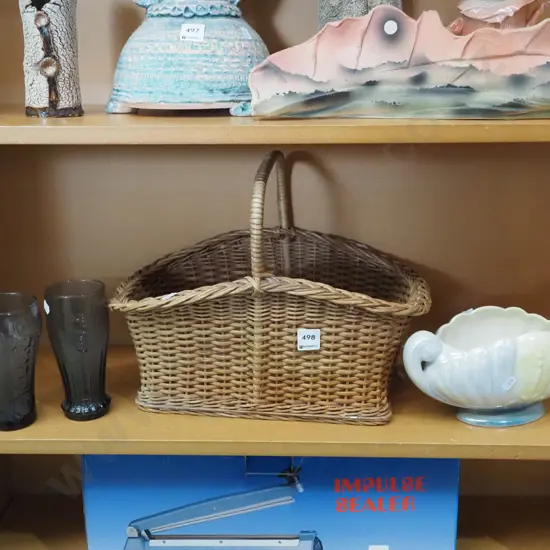 shelf; cane basket, Titian ware vase, 2x Coca Cola tumblers 