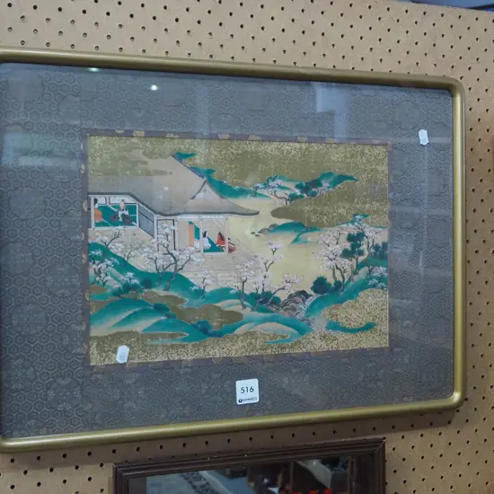 framed Japanese ink and watercolour - house and trees in blossom