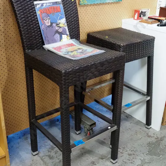 2x woven plastic and chrome stools - yellow dots