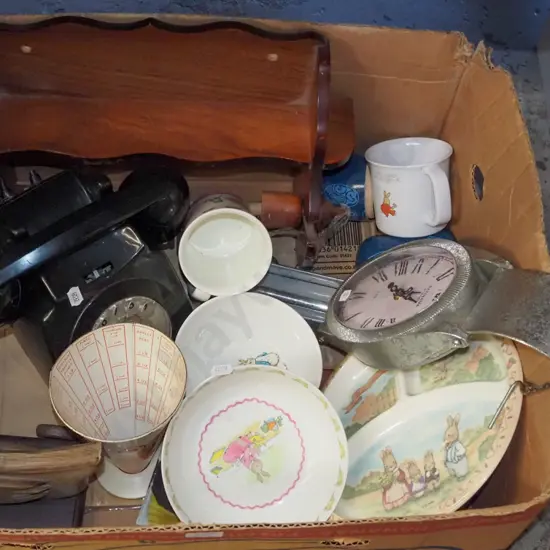 box; bowls, watch themed mantle clock, paper towel dispenser etc