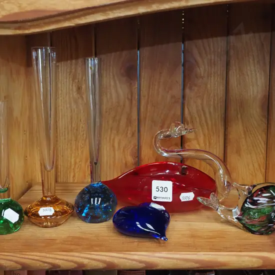 glass bud vases, paperweight etc