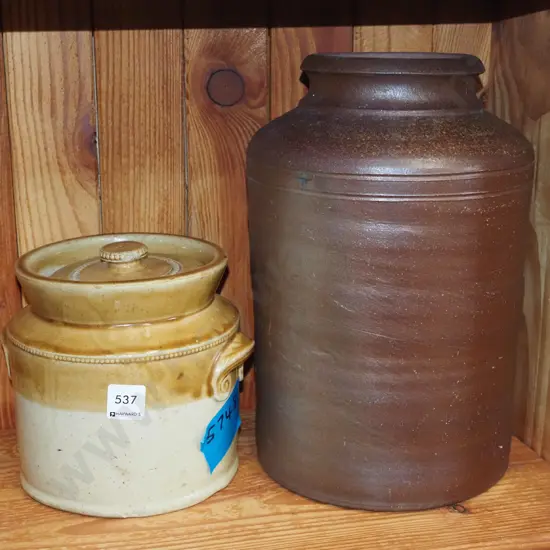 salt glazed crack, small crock - damage to lid Tallest H-320