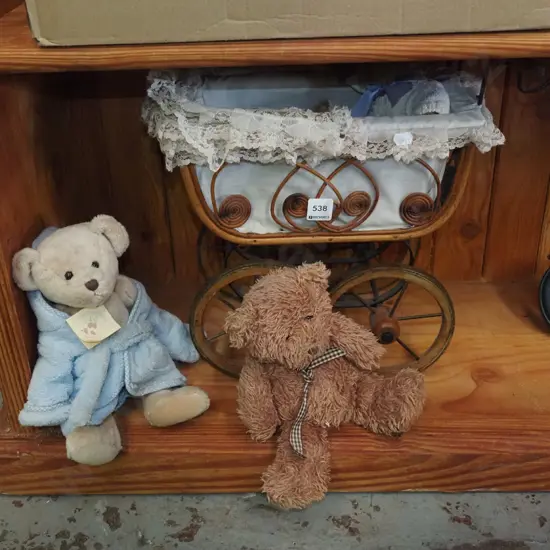 reproduction dolls pram, various teddy bears