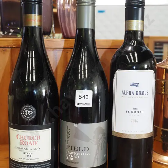 3x bottles of red wine - Church Road syrah 2013, Leftfield Syrah 2012, Alpha Domus merlot 2012