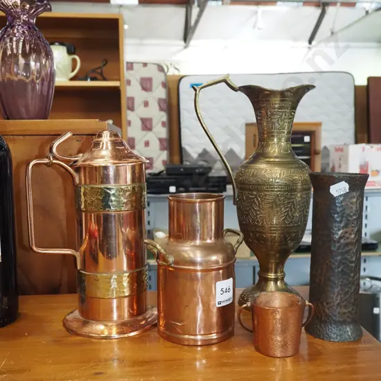 brass and copper vases, urn, tankard