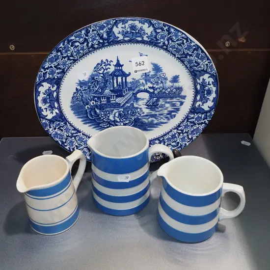 blue and white oval plate, 3x blue band milk jugs - 1 has small chip to spout