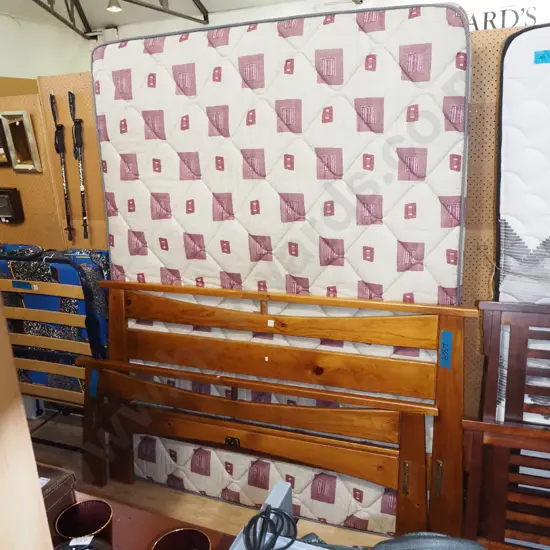 queen slat bed base, mattress and headboard