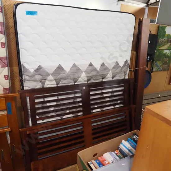 queen slat bed base, mattress and headboard