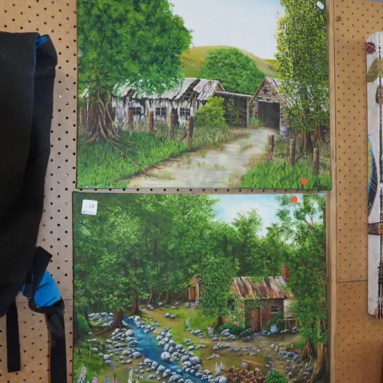 2x oil on boxed canvas - farm buidlings red dots