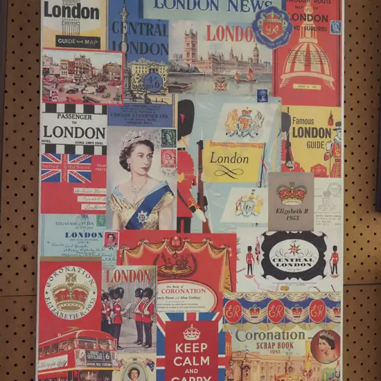 framed London collage print on boxed canvas