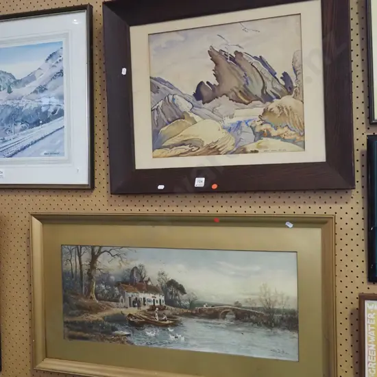 oak framed watercolour - landscape,  gilt framed watercolour - cottage and river scene (foxing, aging)