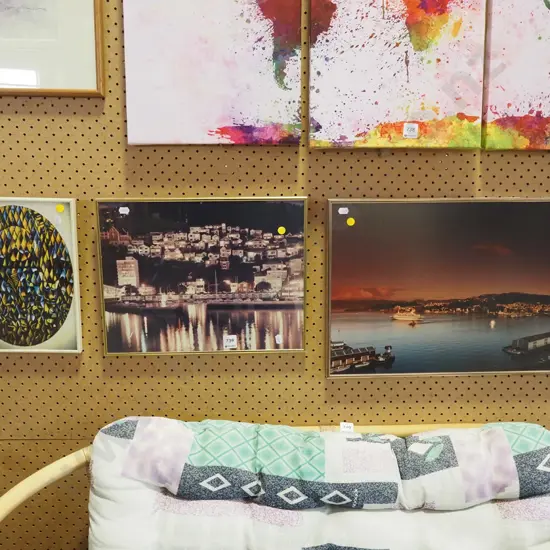 framed abstract print, 2x framed photo prints - Wellington - yellow dots