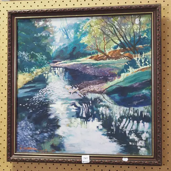 framed oil on canvas - river scene