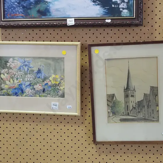 2x framed watercolour - street scene, flowers - yellow dots