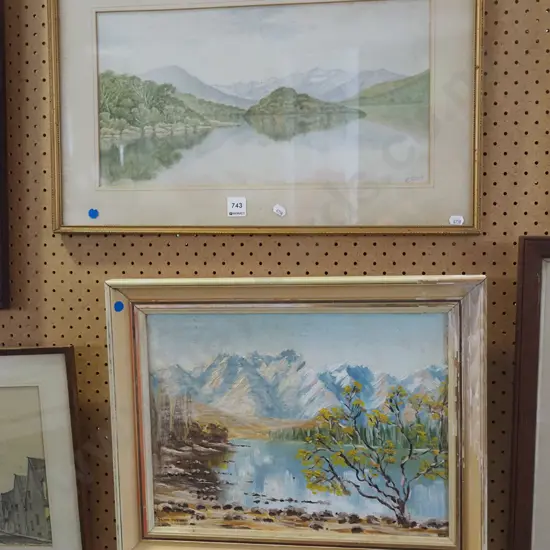 2x landscapes, 1 watercolour,  oil on board - blue dots (foxing)