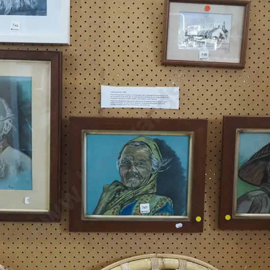  3x Frank Vine  framed pencils - portraits - yellow dots