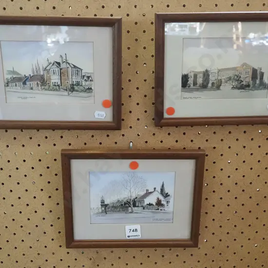 3x hand coloured Yvonne Benson prints - Dunedin land marks - orange dots