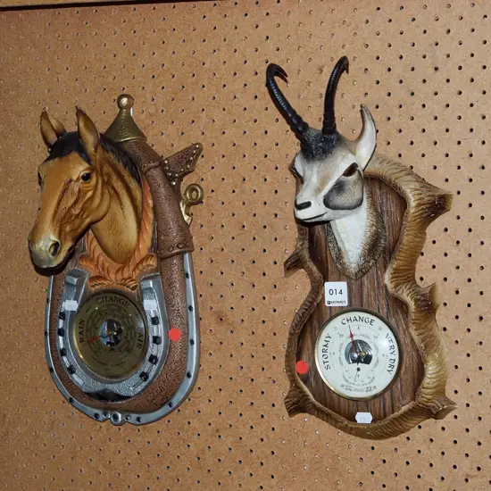 2x plastic animal themed barometers - red dots