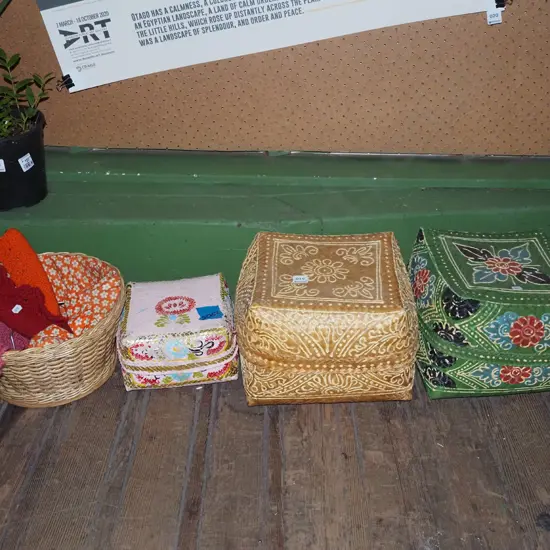 3x hand painted woven  storage containers, cane basket, covered coat hangers