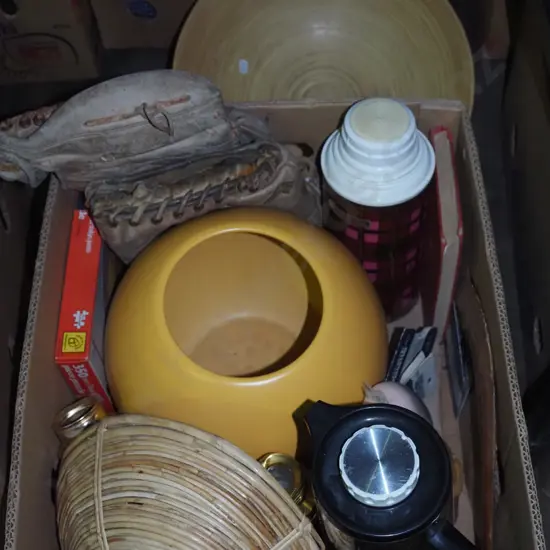 box; baseball mits, large glass vase, lacquer bowl, thermos etc