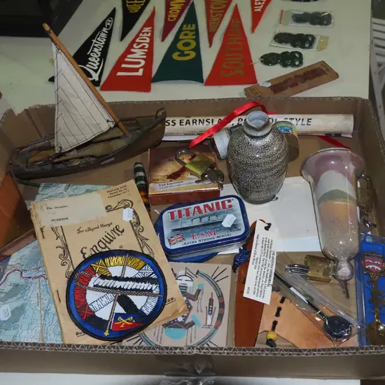 box; tins, souvenir teaspoons, maps, books etc