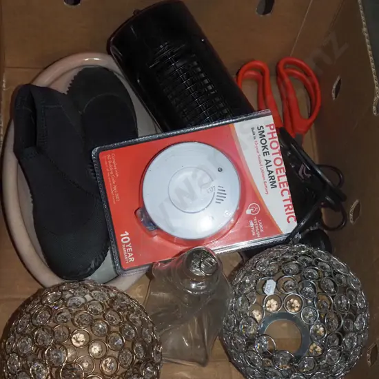 box; light shades, small DeLonghi heater, smoke alarm etc
