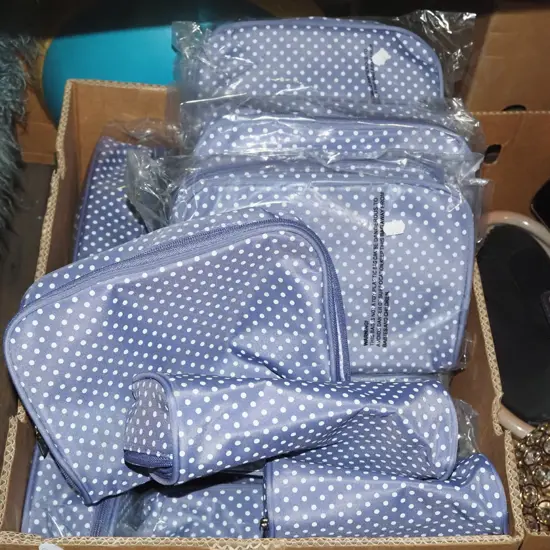 box of as new purple and white polka dot toilet bag sets
