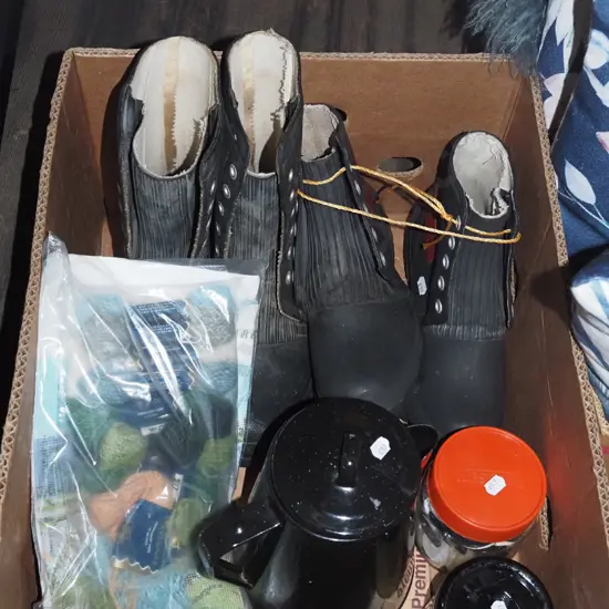 box; rubber gumboots, buttons, enamel coffee pot etc
