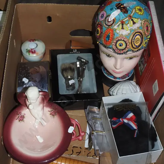 box; shaving kit,cherub comport - faults, bedazzled bust etc
