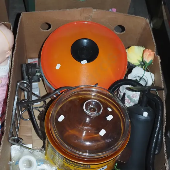 box; early Crock pot, electric fryin pan, hand pump etc