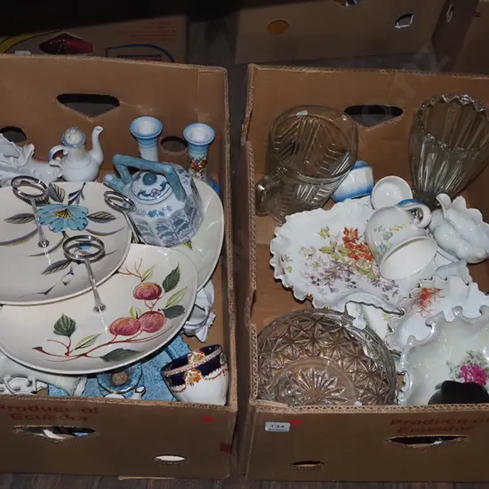 2x boxes; candlesticks, jugs, bowls, figurines etc - red dots