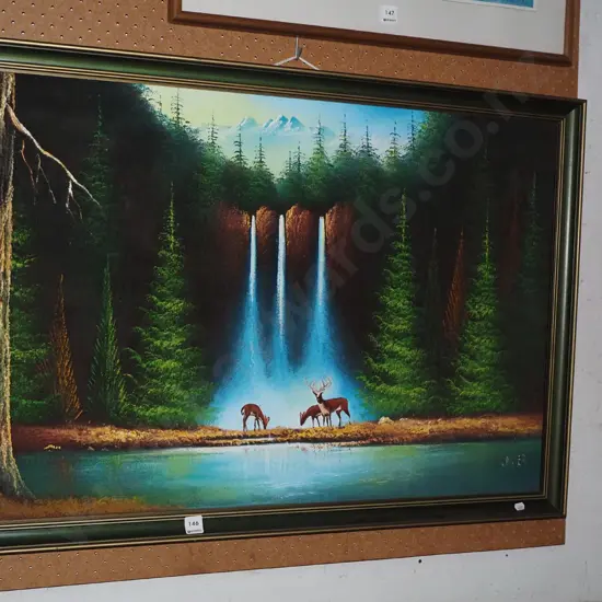 framed oil on velvet - deer and waterfall scene H-580 W-860