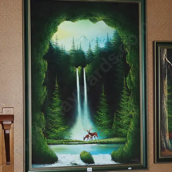 framed oil on velvet - deer and stag by waterfall scene H-850 W-570