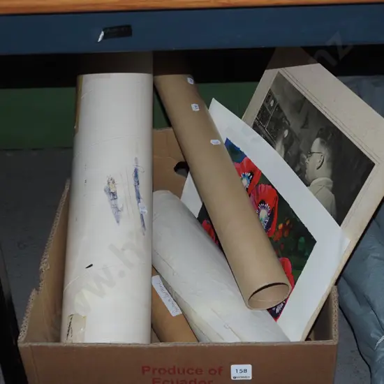 box; scrolls, unframed prints, photographic prints etc