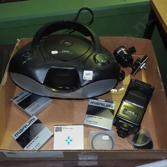 blue tooth portable stereo with CD player, camera flash, lenses, part tripod