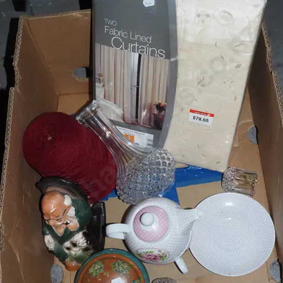 box; curtains, decanter, tea for one etc