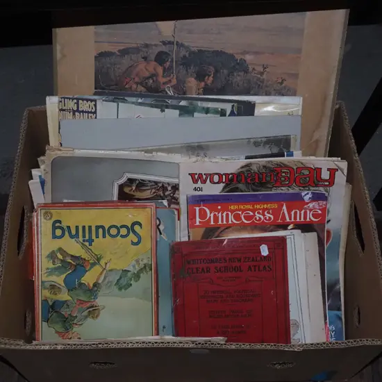 box; vintage magazines, board games, newspapers, prints etc