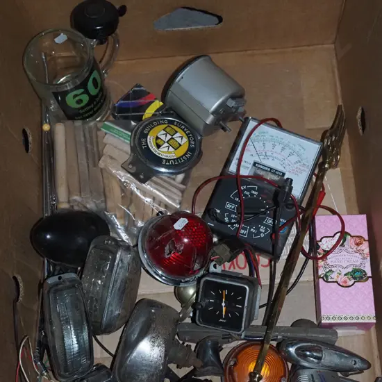 box; car lights, toasting fork, volt meter etc