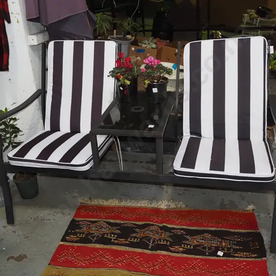 outdoor seating - 2 chairs, glass top table and cushions - as new condition