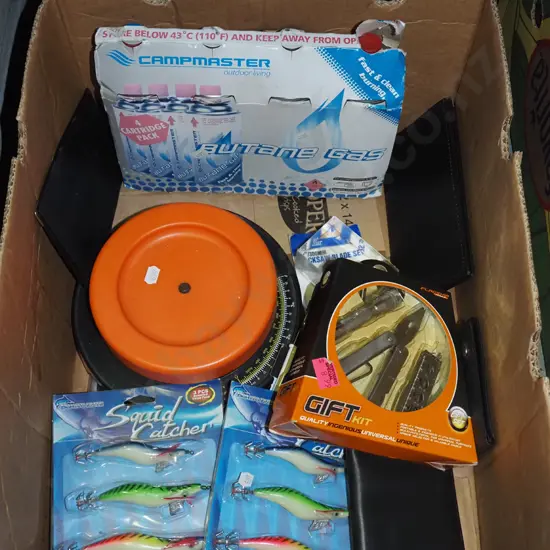 box; fishing lures, can opener, kitchen scales etc