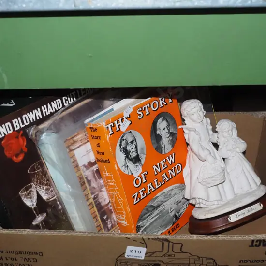 box; NZ book, figurines, Coronation St vhs etc