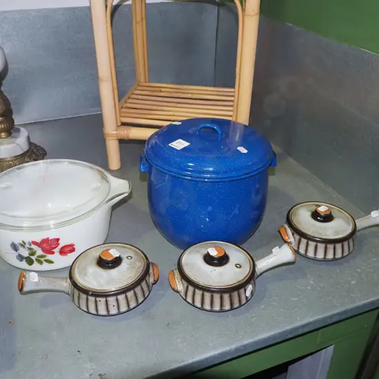 Denby lidded bowls, enamel pot - no handle, retro Pyrex casserole