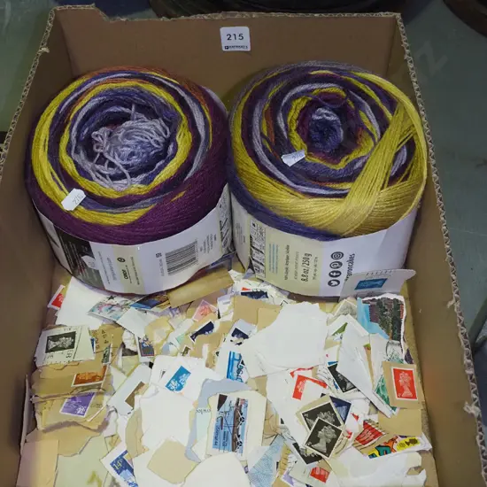 stamps, multi coloured knitting yarn