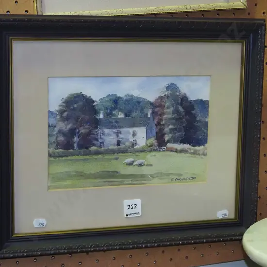 framed watercolour - sheep and farmhouse H-150 W-230