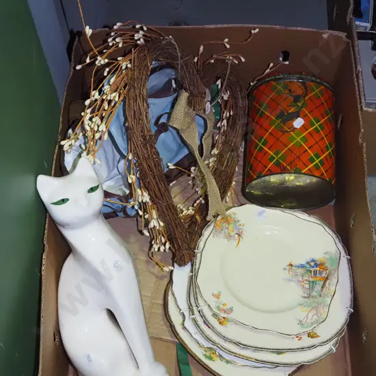 box; vintage tin, cat figurine, plates etc