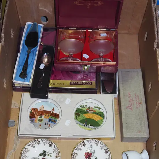 box; Villeroy and Boch pin dishes, cased cutlery, wine glasses etc